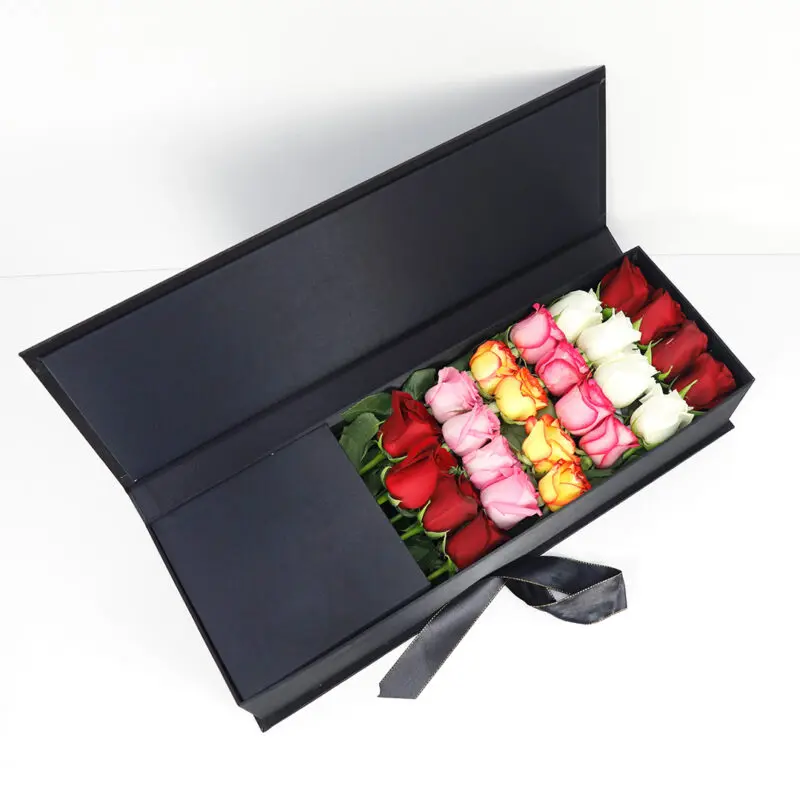 03 An opened black gift box displays a 24 mixed rose stems