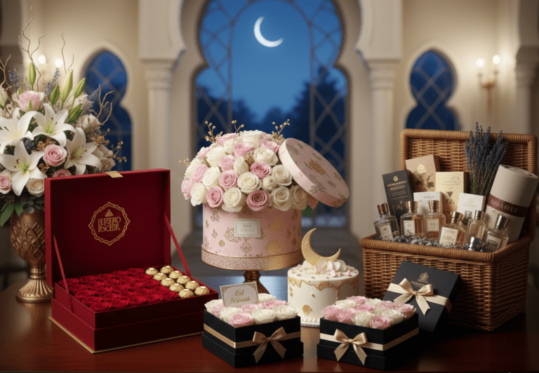 Luxury premium rose box with elegant red roses and gold Eid Al Fitr decoration