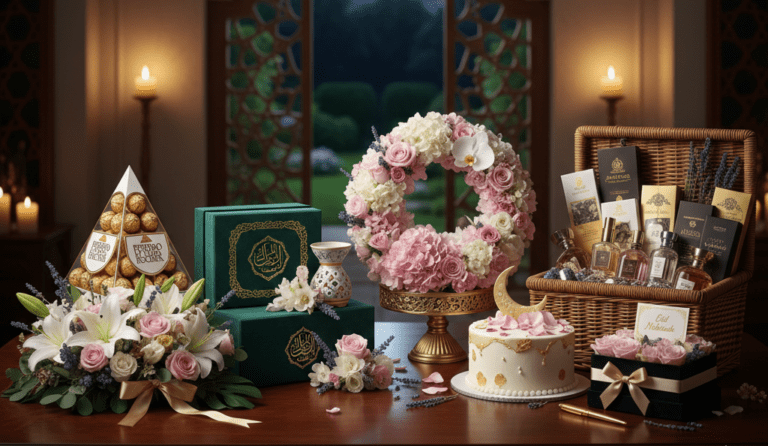 Elegant Ramadan flower and gift combo with luxury bouquet and beautifully wrapped present box