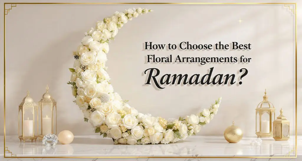 Luxury Ramadan floral arrangement with white roses and pastel flowers symbolizing peace and spirituality in Dubai