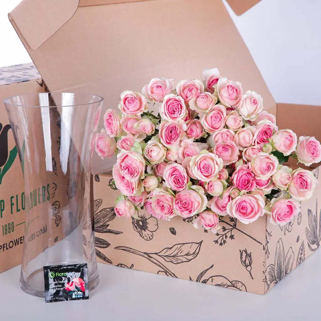 Spray Roses Dinara with vase (3) 10 stems Dinara Pink spray roses in a carton box, accompanied by a glass vase and flower food.