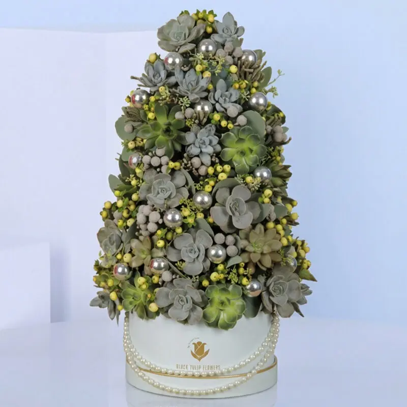 Succulents-In-A-Box-06-12-25-01 A white box containing a small Christmas tree, designed as a festive mini succulent arrangement.