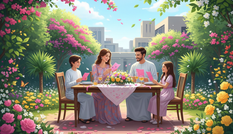 Mother and child celebrating Mother’s Day with flowers in the United Arab Emirates on March 21 symbolizing love and spring