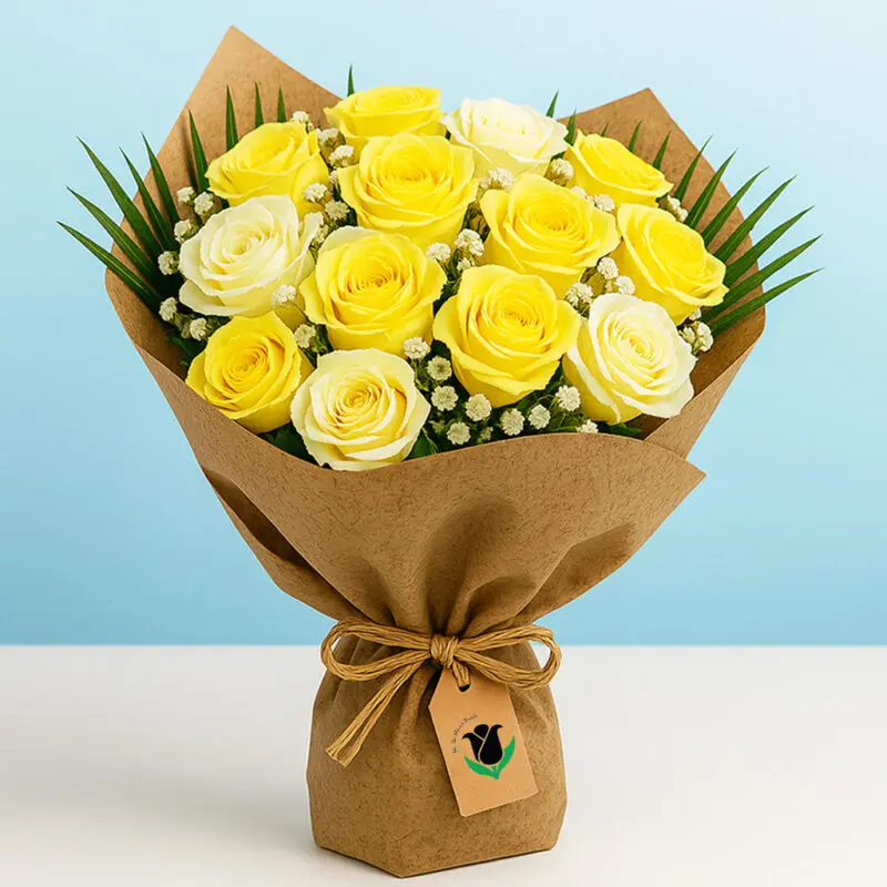 Yellow and White Victory Bouquet Yellow bouquet 13 stem roses with fillers