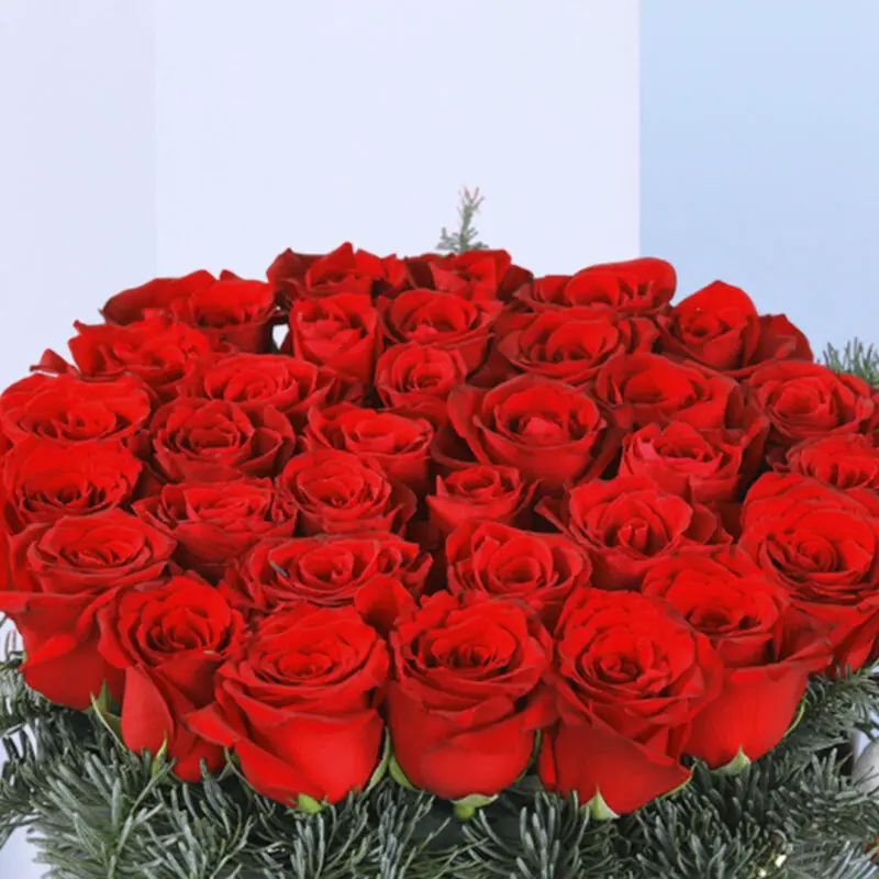 4 (6) Vibrant red rose in a round black flower box decorated with greens and balls for christmas