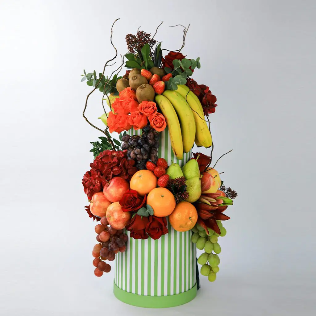 Aspiring Delight (1) Aspiring Delight fruit arrangement in a box.
