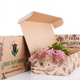 A collection of Astilbe Pink flowers arranged in a cardboard box, highlighting their soft hues and elegant form.