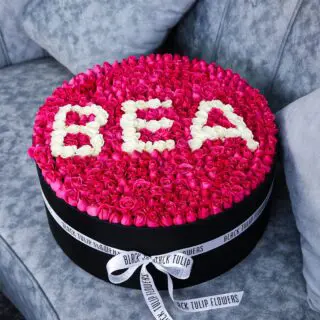 My Sweet - Romantic Round Red Rose Box Arrangement With name BEA in White Letters