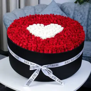 Romantic Round Red Rose Box Arrangement With White Heart On Top