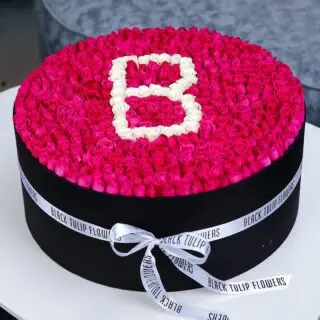 Brilliant Round Red Rose Box Arrangement With Letter B in White