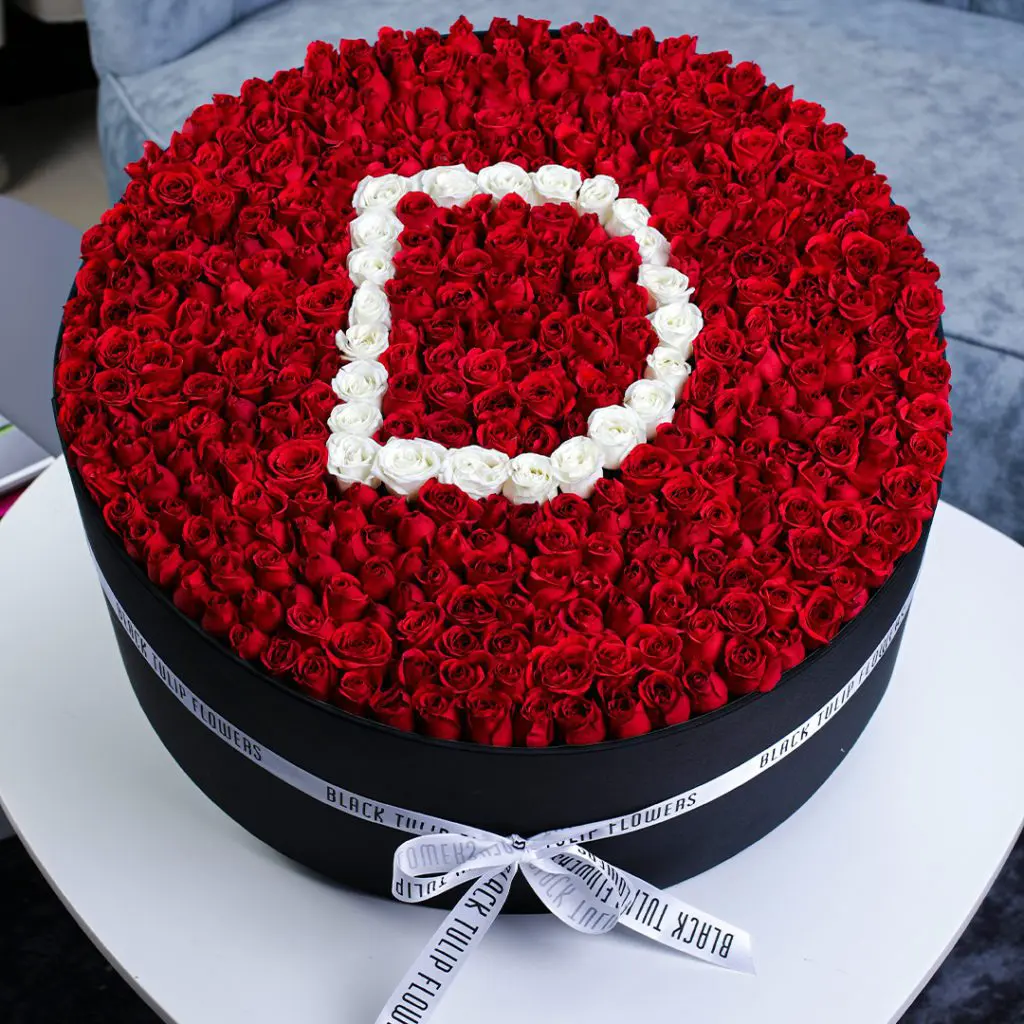Darling Round Arrangement (1) Darling Round Red Rose Box Arrangement With Letter D in White