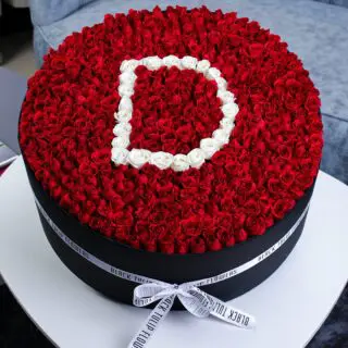 Darling Round Red Rose Box Arrangement With Letter D in White