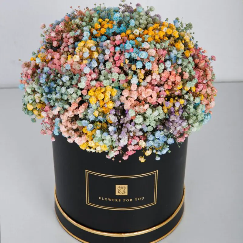 Joyful Rainbow (1) Rainbow colored baby's breath arrangement in black hat boxes