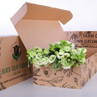 A cardboard box filled with vibrant Lisianthus Green flowers, showcasing their lush green foliage.