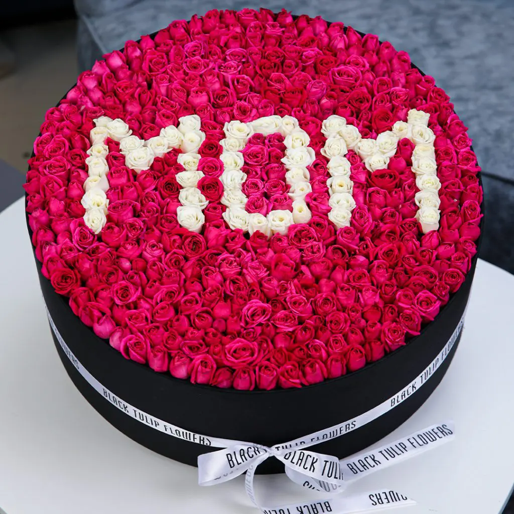Magnificent Arrangement- For MOM (1) Large Mothers Day Round Red Rose Box Arrangement With name MOM in White Letters