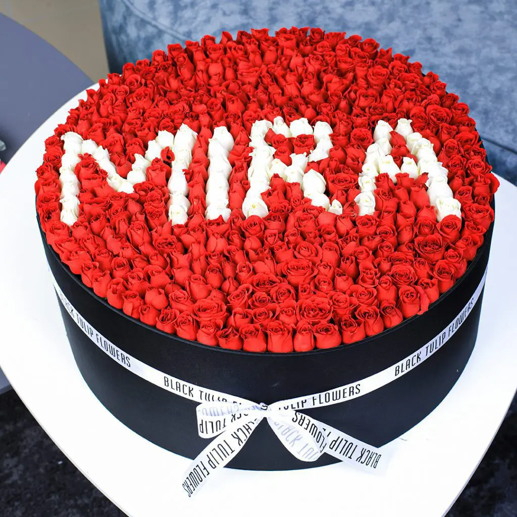 Majestic Round Arrangement - MIRA (1) Romantic Round Red Rose Box Arrangement With name MIRA in White letters