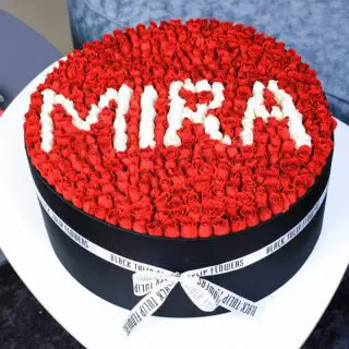 Romantic Round Red Rose Box Arrangement With name MIRA in White letters