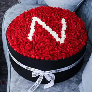 Noble Round Red Rose Box Arrangement With Letter N in White