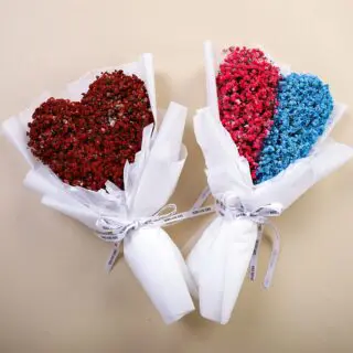 Twin heart-shaped bouquets of gypsophila, one red and one blue, wrapped in white paper.