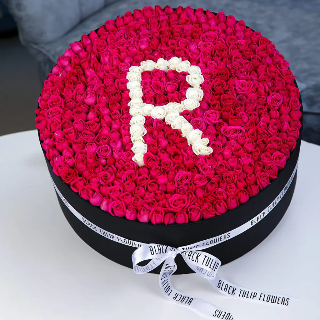 Ravishing Round Arrangement in a Box (4) Ravishing Round Red Rose Box Arrangement With Letter R in White
