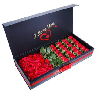¼ kg red rose petals, 24 red roses arranged in a black box with 'I Love You' and heart-shaped stickers for a romantic gift.