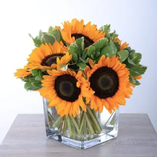 A bouquet of bright yellow sunflowers arranged in a clear glass vase.