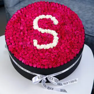 Spectacular Round Red Rose Box Arrangement With Letter S in White