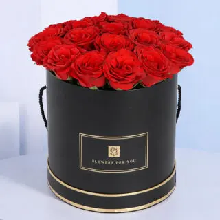 20 stunning red rose stems elegantly presented in an easy-to-carry black box.