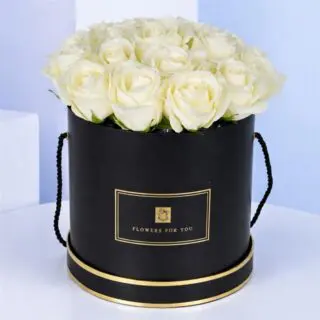 Beautifully arranged 20-stem white roses in a convenient, easy-to-carry black box.