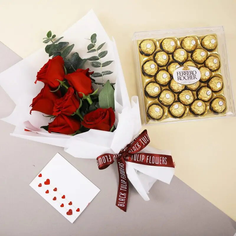 BT_FL_2420.01 Bouquet of red roses tied with a maroon ribbon with a Ferrero box and message card.