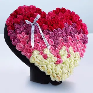 180-200 mix coloured roses arranged in a heart shape, adorned with a white ribbon.