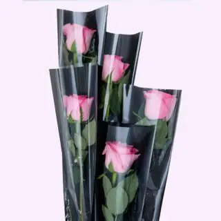Bundles of pink roses wrapped in plastic.