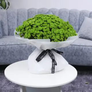 green chrysanthemum bouquet on a white table