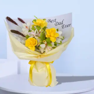 A bright bouquet of yellow roses and white orchids with a "Best Dad Ever" card.
