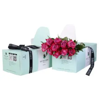 10 stems of rich purple roses beautifully presented in a green box with flower food tied with a black ribbon.