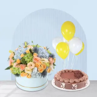 A perfect birthday combo with pastel Harmony Posy Box with chocolate crunch cake and balloons