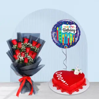 elebrate in style! Red roses, cake, and a balloon for a special birthday.