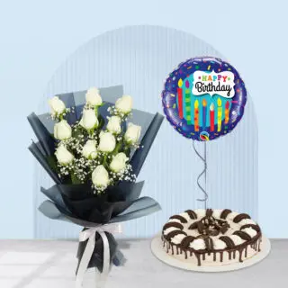 A sweet birthday surprise: combination of a designer bouquet of 12 white roses paired with a delectable Chocolate Mousse.