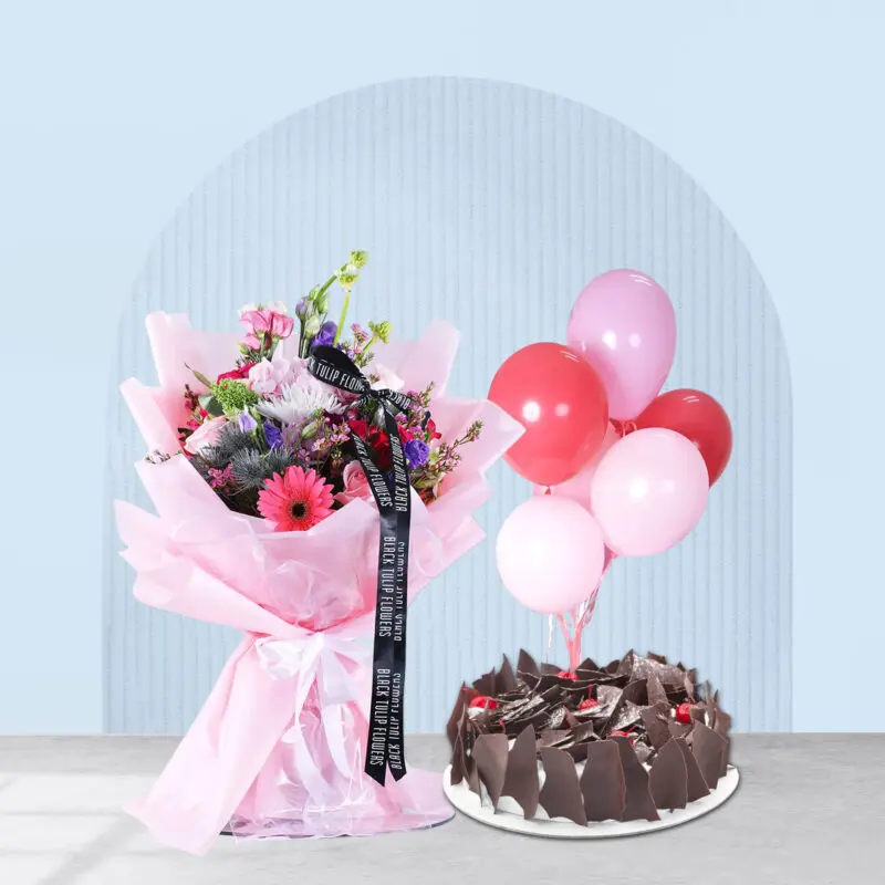 3 (5) Pink flower bouquet, balloons, and cake for a special birthday.