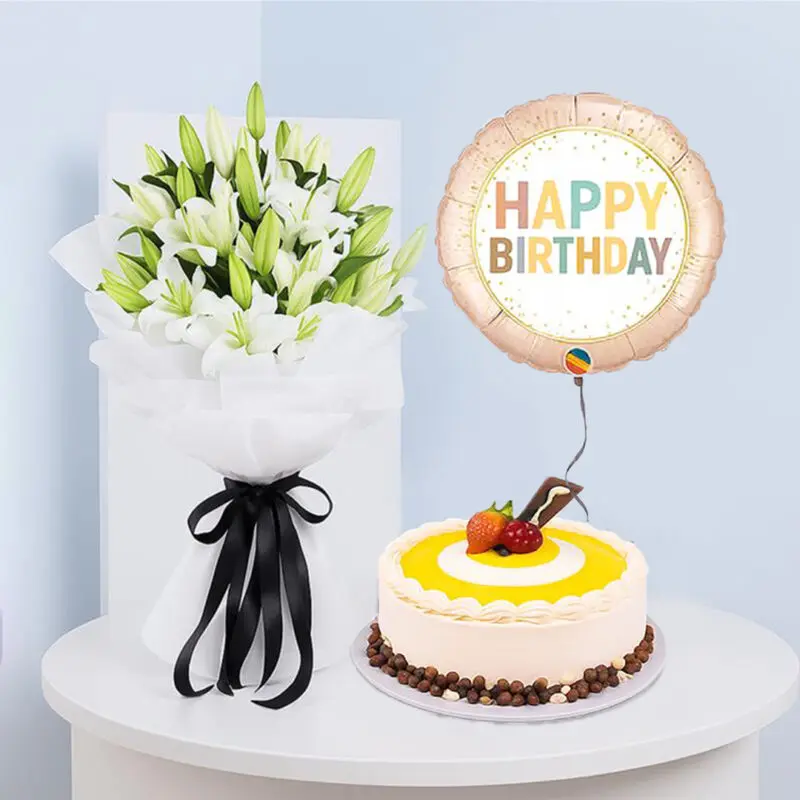 White-Lilies-Cakes-Birthday-16 Birthday surprise: white Lilly bouquet, butterscotch cake, and balloon.