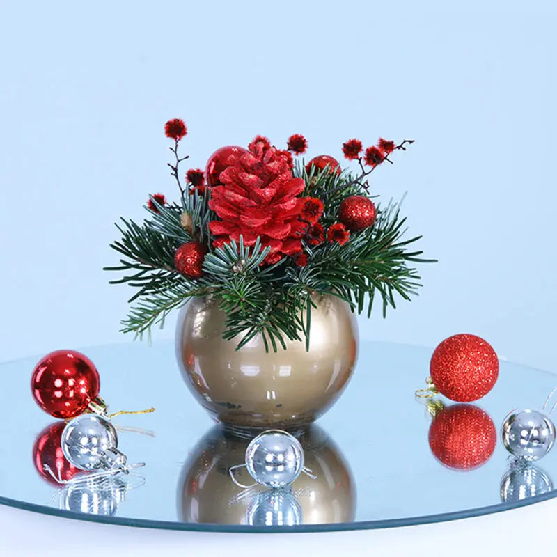 01 A decorative bowl brimming with Christmas florals and pine cones, capturing the essence of festive cheer.