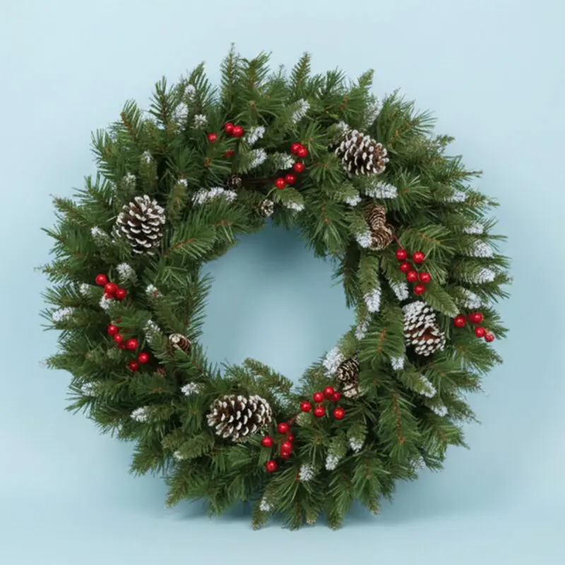 Silver Christmas Wreath-8975411 A Christmas wreath of green ferns, decorated with pine cones and red flowers, symbolizing joy and seasonal warmth for your home.