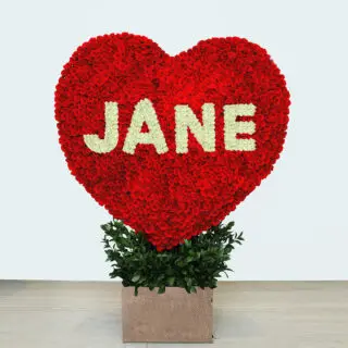 Red Rose Heart Arrangement With a name JANE in white