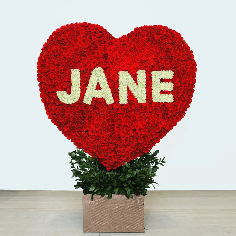 Red Rose Heart Arrangement With a name JANE in white
