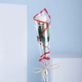 A single white rose wrapped in cellophane with a red ribbon on a white ledge.