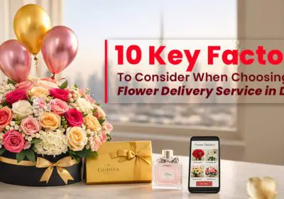 Flowers and gifts on table with mobile for online flower ordering with a dubai skyline in the background