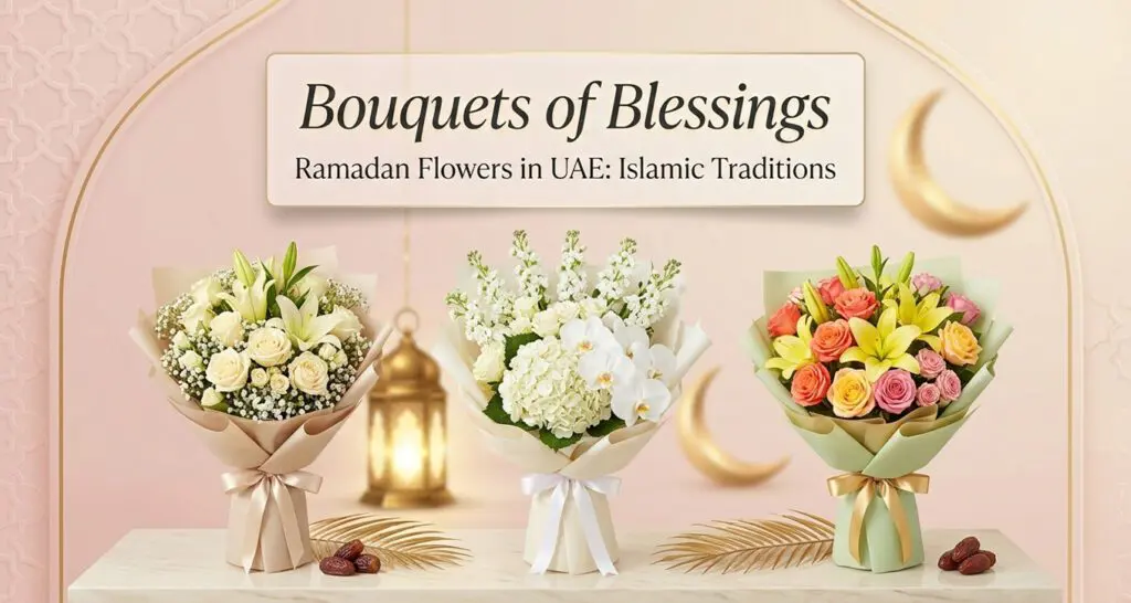 Luxury Ramadan flower bouquet in UAE with white roses, crescent moon decor, and elegant Islamic lanterns symbolizing blessings and tradition.