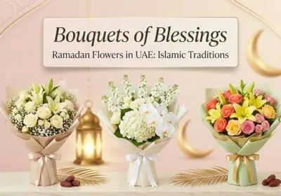 Luxury Ramadan flower bouquet in UAE with white roses, crescent moon decor, and elegant Islamic lanterns symbolizing blessings and tradition.