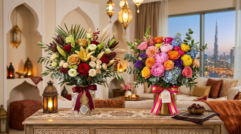 Beautiful Eid and Ramadan flower bouquets with soft pastel roses representing peace and celebration