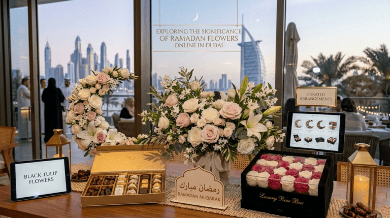 Premium Ramadan flowers with crescent moon and lantern theme highlighting the cultural significance of gifting flowers during Ramadan in Dubai